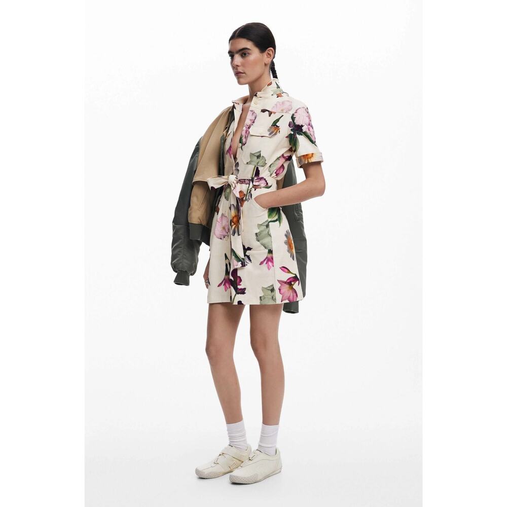 Desigual | Women | Cream Floral Spring Utility Belted Mini Shirt Dress | Medium - Picture 14 of 16